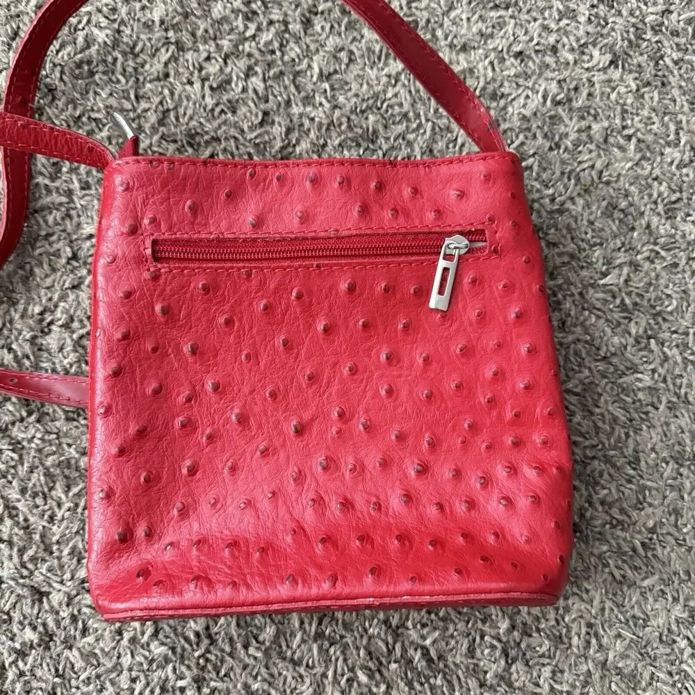 Red Ostrich Leather Crossbody‎ Bag Textured Small Shoulder Purse Zip Top Pocket